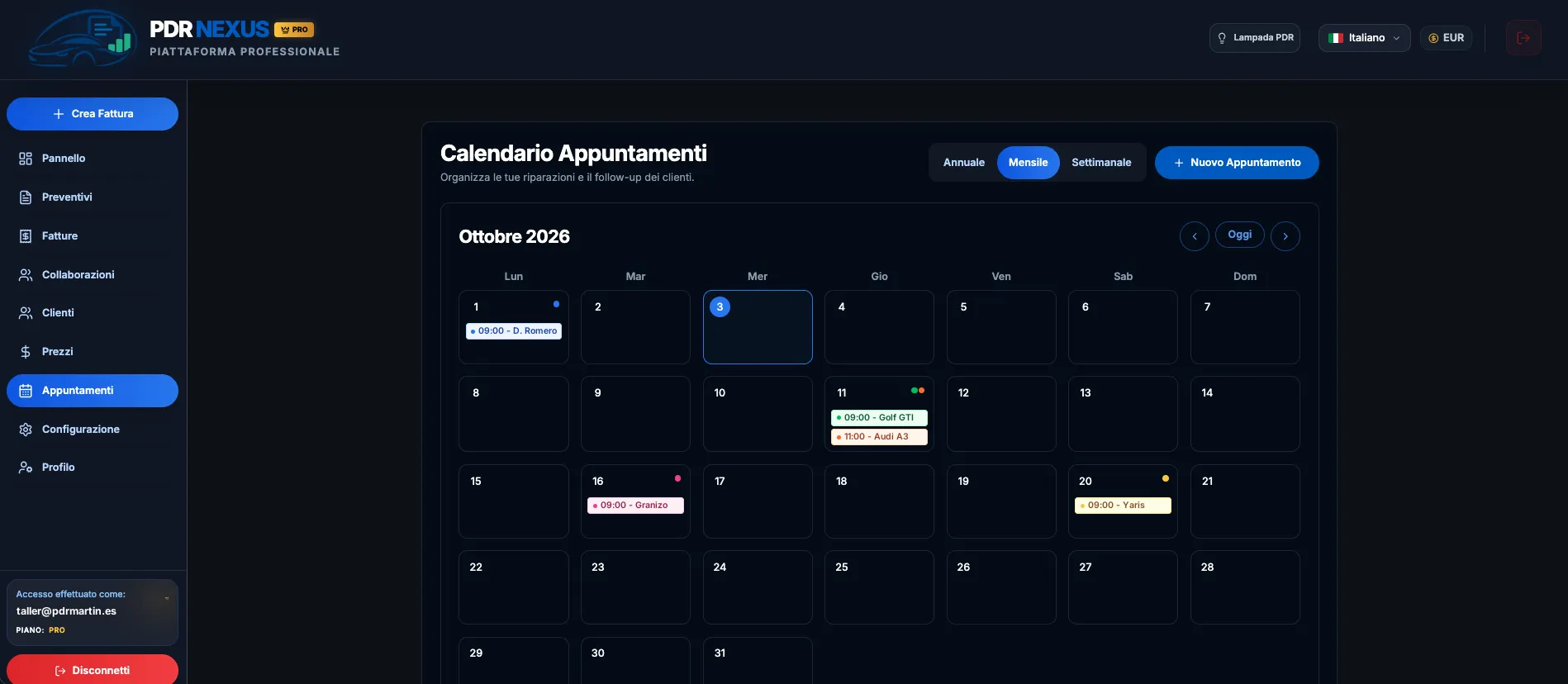 Calendario degli appuntamenti dell’officina in PDR Nexus in vista mensile