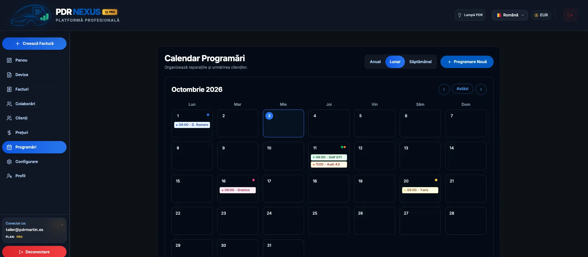 Calendarul programărilor atelierului în PDR Nexus, în vizualizare lunară