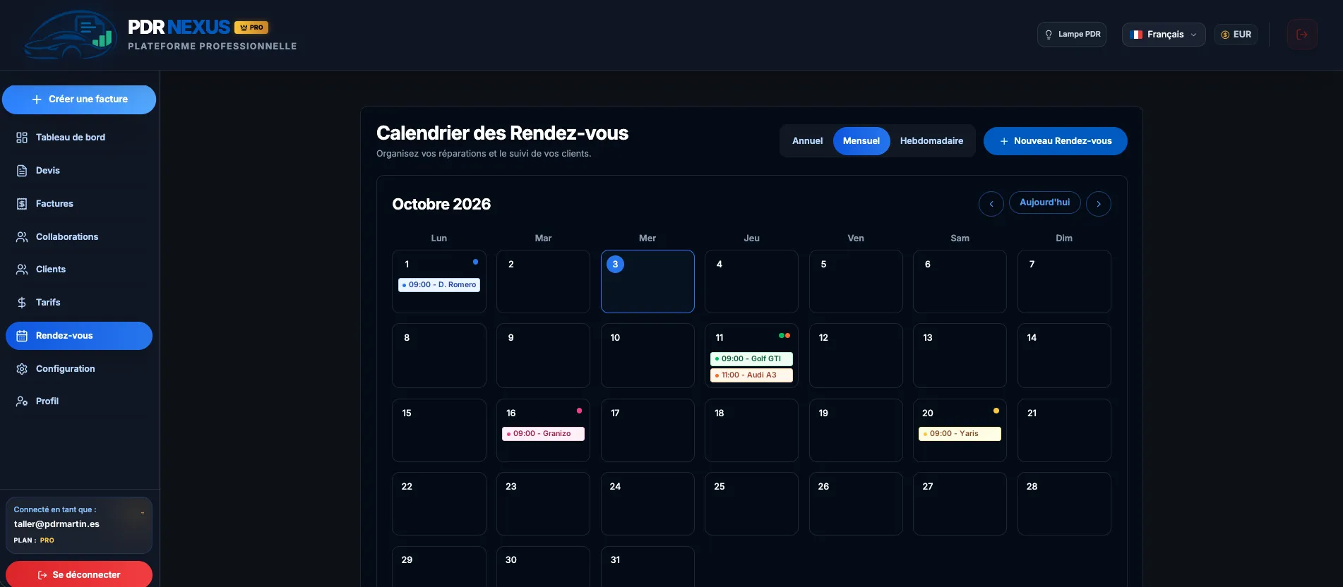 Calendrier des rendez-vous de l’atelier dans PDR Nexus en vue mensuelle