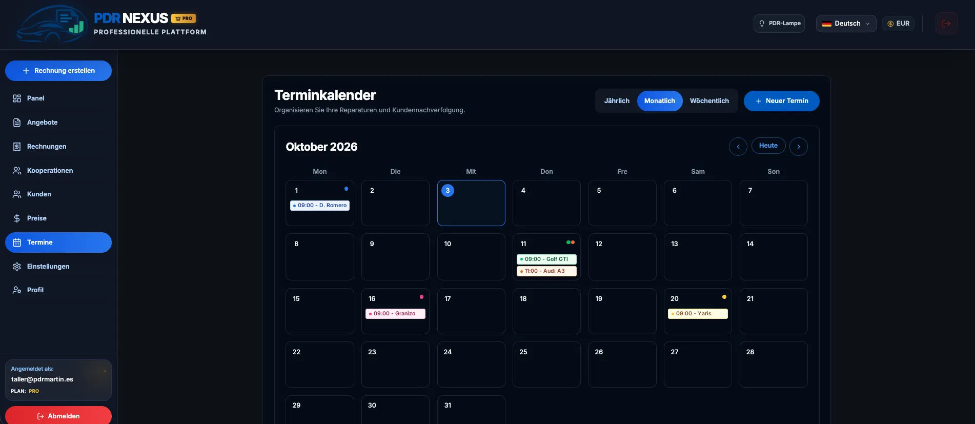 Terminkalender der Werkstatt in PDR Nexus in der Monatsansicht