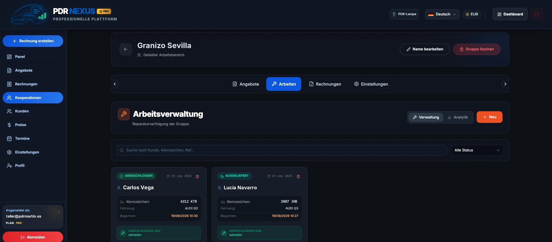 Gemeinsame Arbeitsgruppe in PDR Nexus mit den Reparaturaufträgen jedes Kunden und ihrem Status
