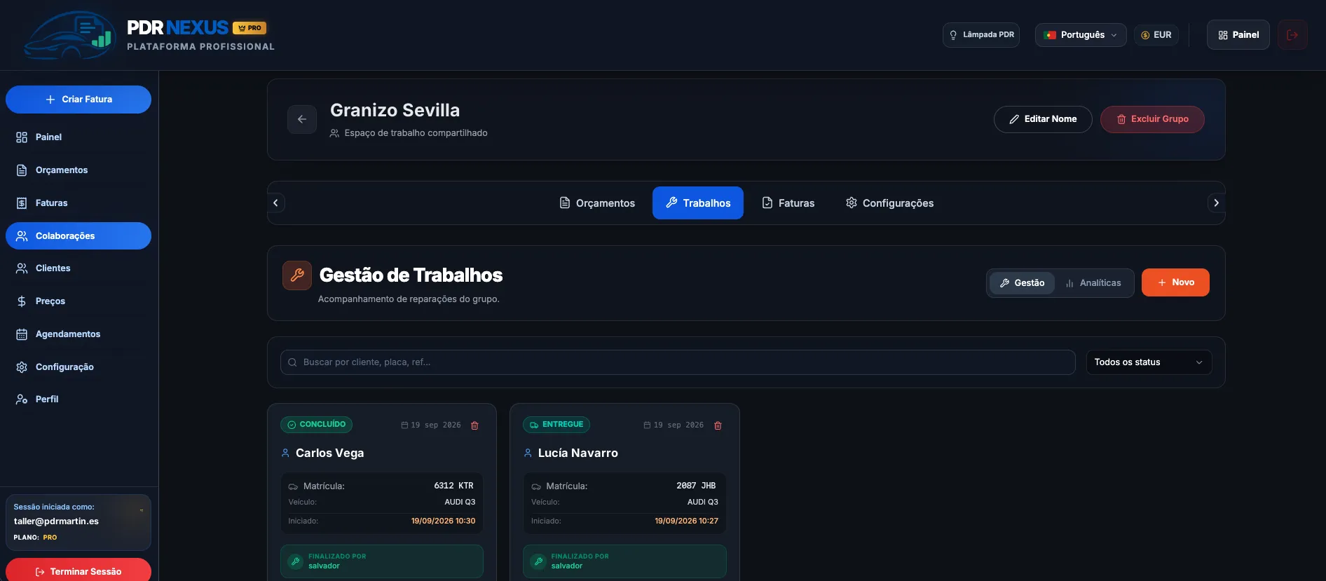 Grupo de trabalho partilhado no PDR Nexus com os trabalhos de reparação de cada cliente e o seu estado