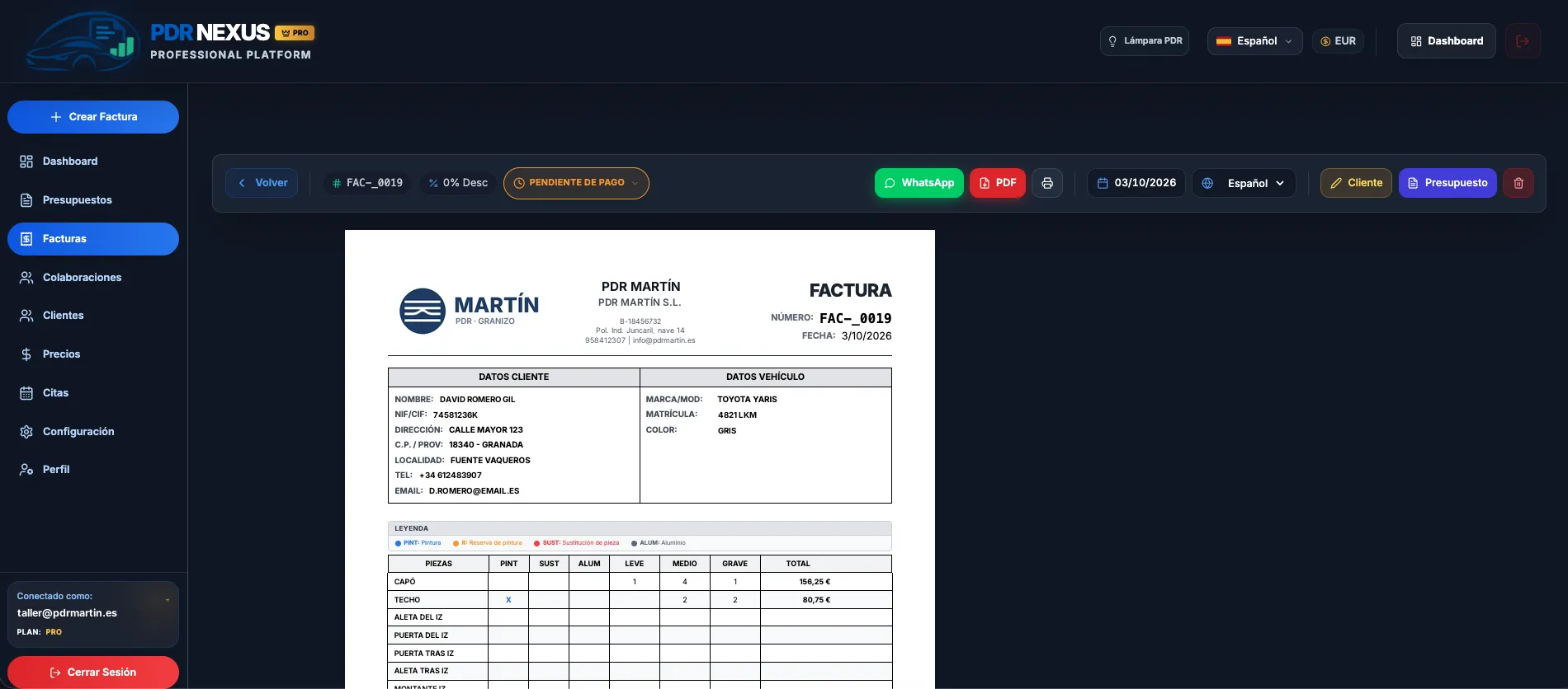Factura generada en PDR Nexus a partir de un presupuesto aprobado, con datos del cliente, vehículo y líneas de reparación