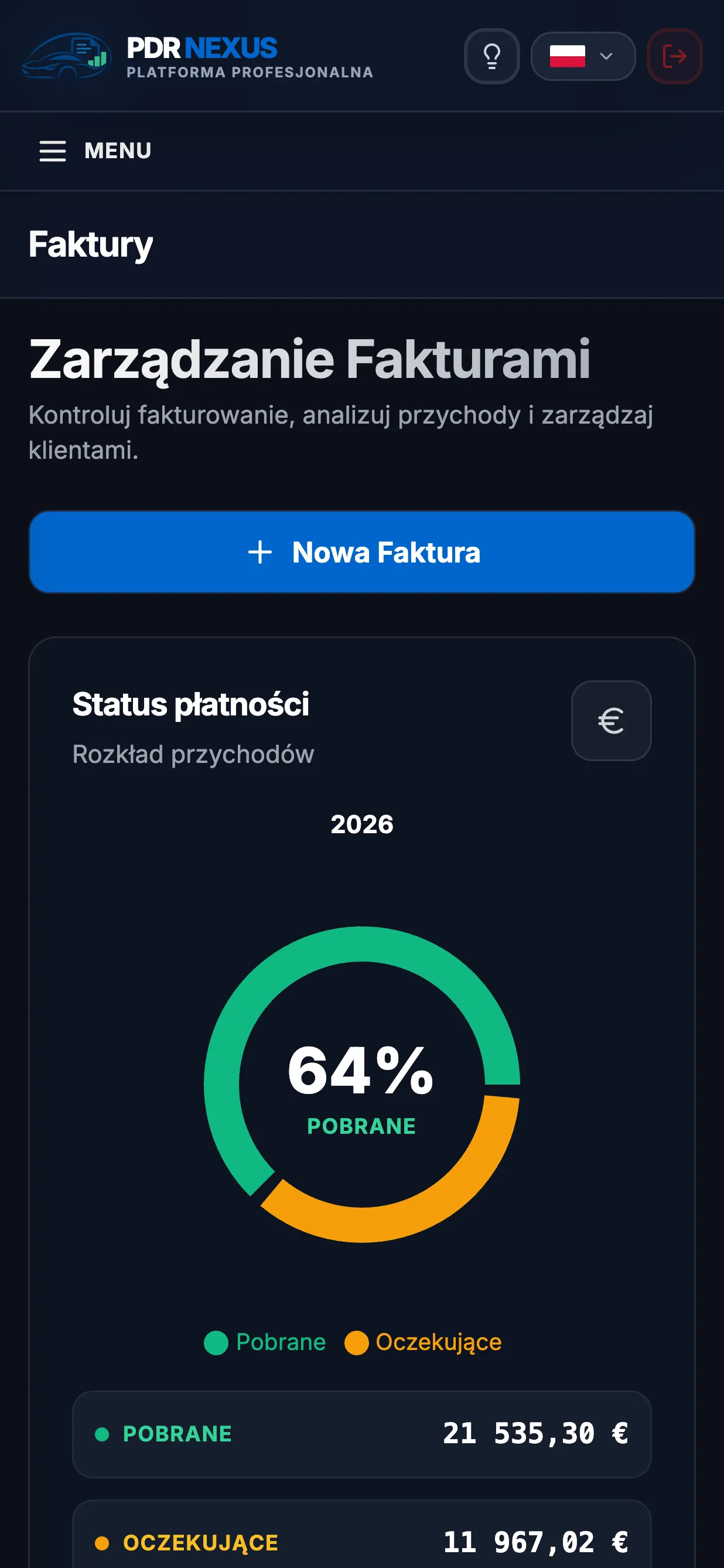 Aplikacja mobilna PDR Nexus ze statusem płatności faktur: opłacone i oczekujące