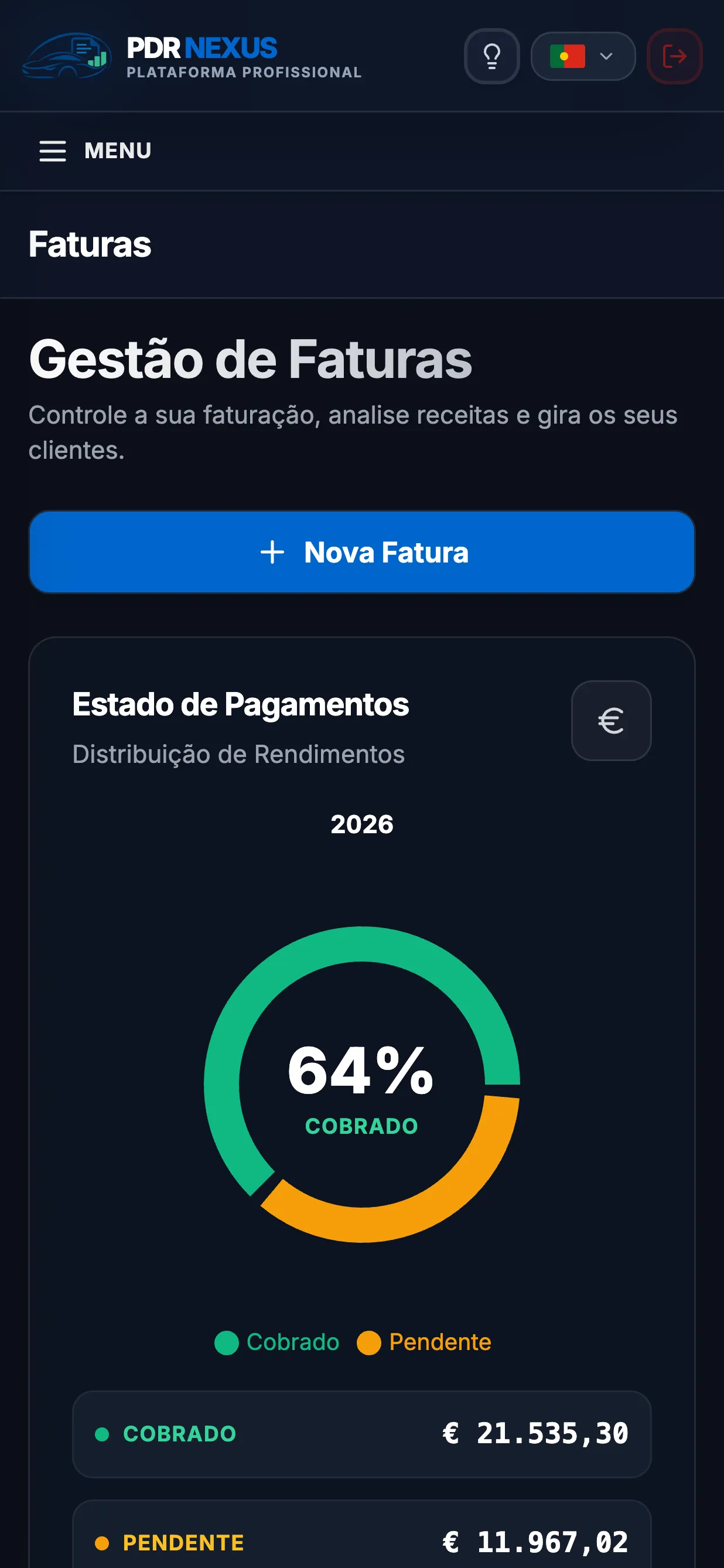 App móvel do PDR Nexus com o estado de pagamento das faturas: cobrado e pendente