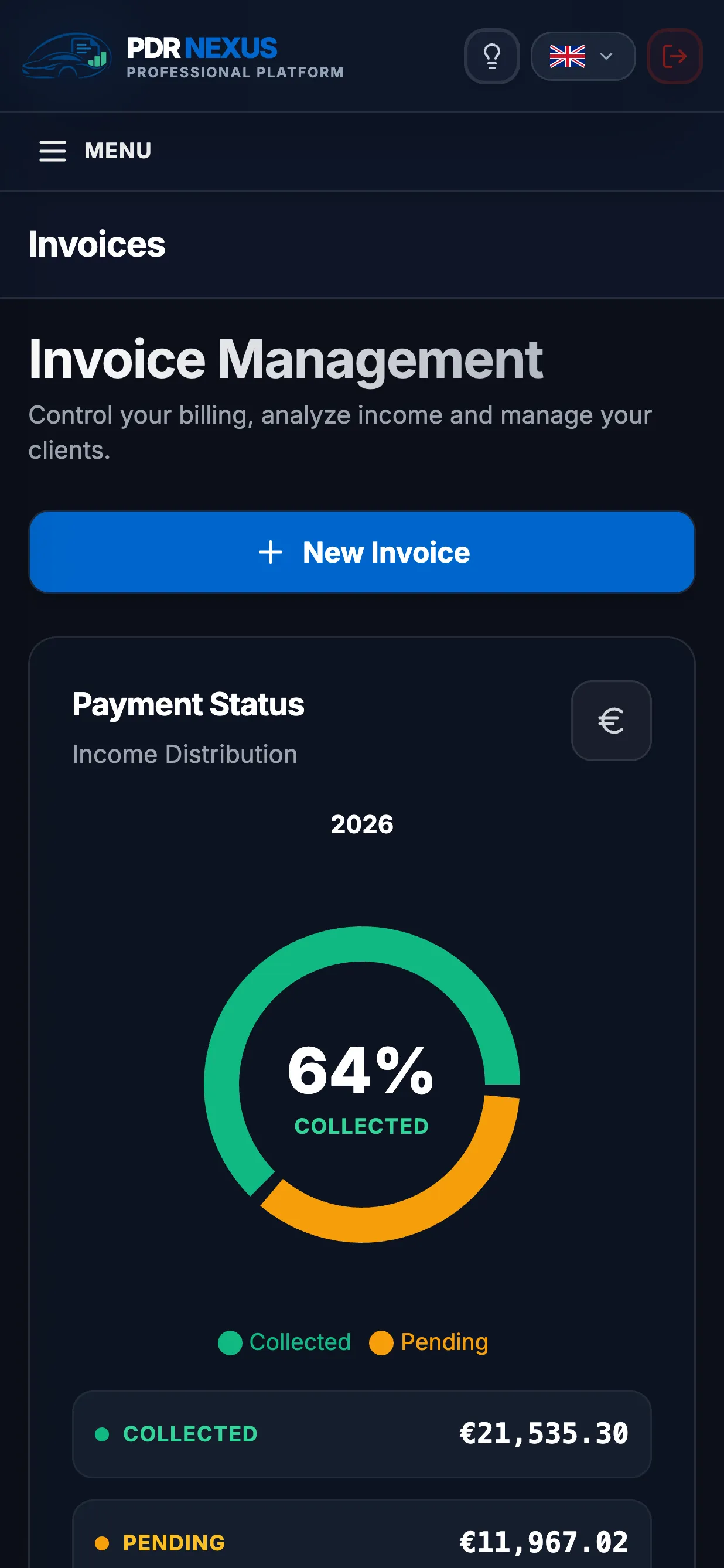PDR Nexus mobile app showing invoice payment status: paid and outstanding