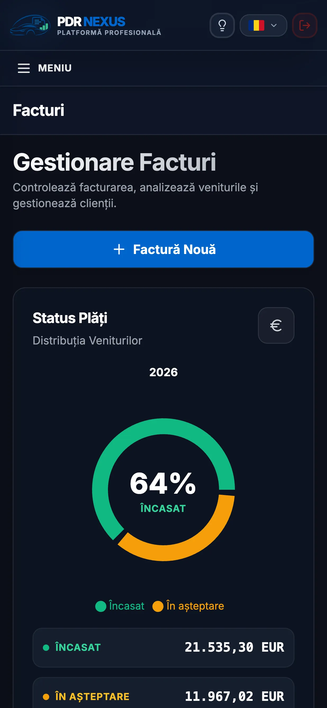 Aplicația mobilă PDR Nexus cu starea plăților facturilor: încasat și în așteptare