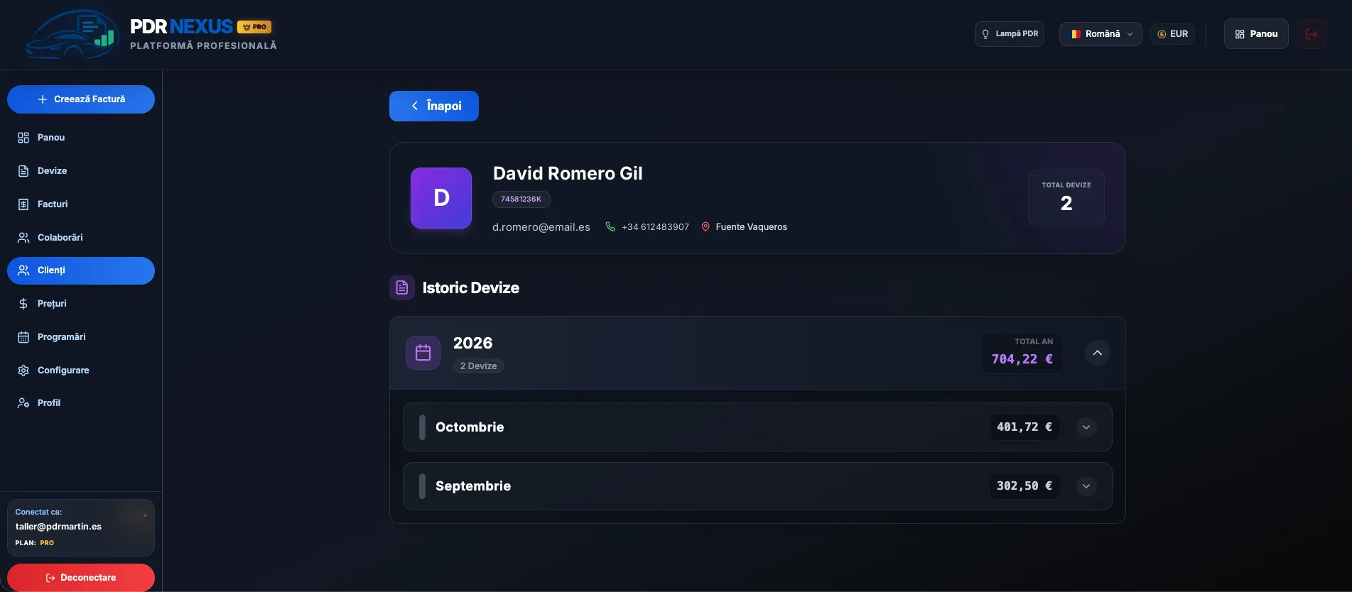 Fișa clientului în PDR Nexus cu datele de contact și istoricul devizelor pe an și lună