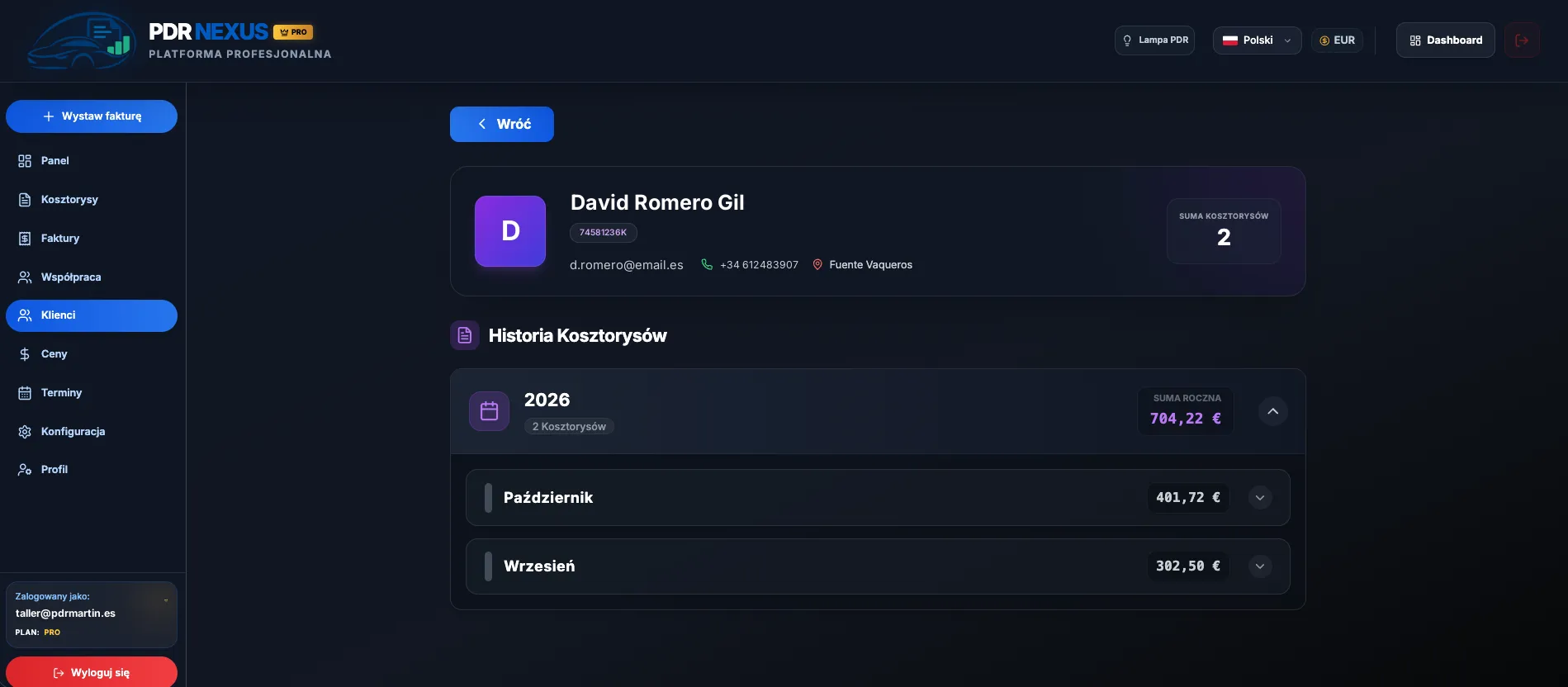 Karta klienta w PDR Nexus z danymi kontaktowymi i historią kosztorysów według roku i miesiąca