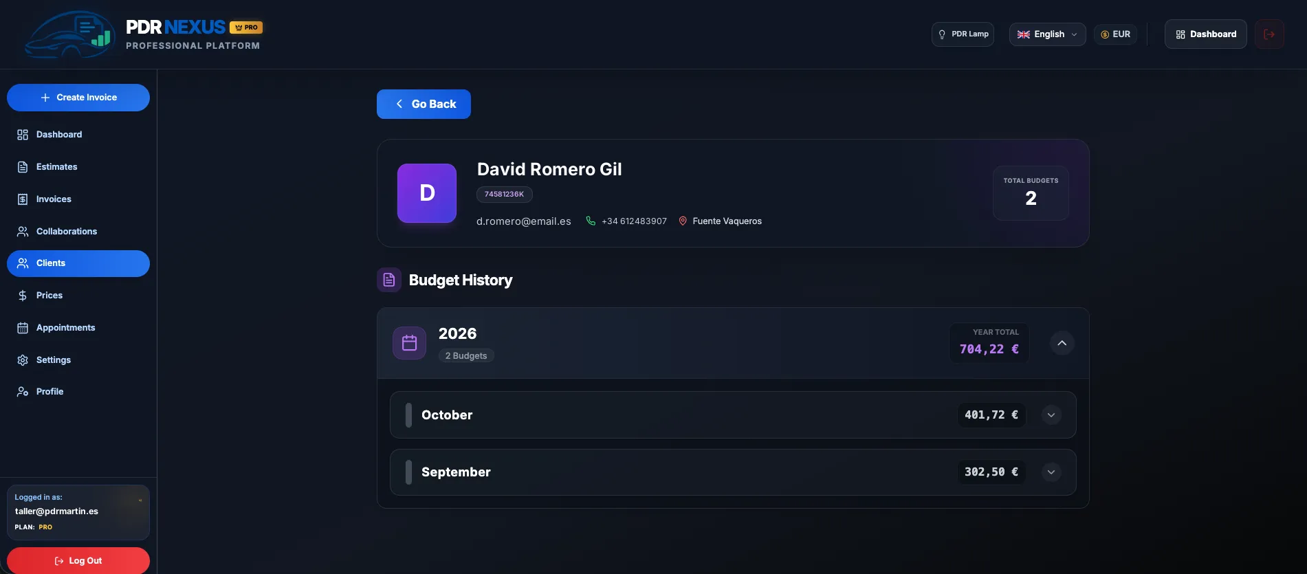 Customer record in PDR Nexus with contact details and estimate history by year and month