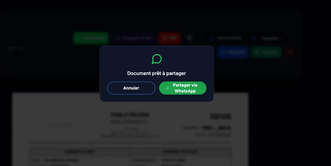 Fenêtre de PDR Nexus pour partager le PDF d’un devis par WhatsApp