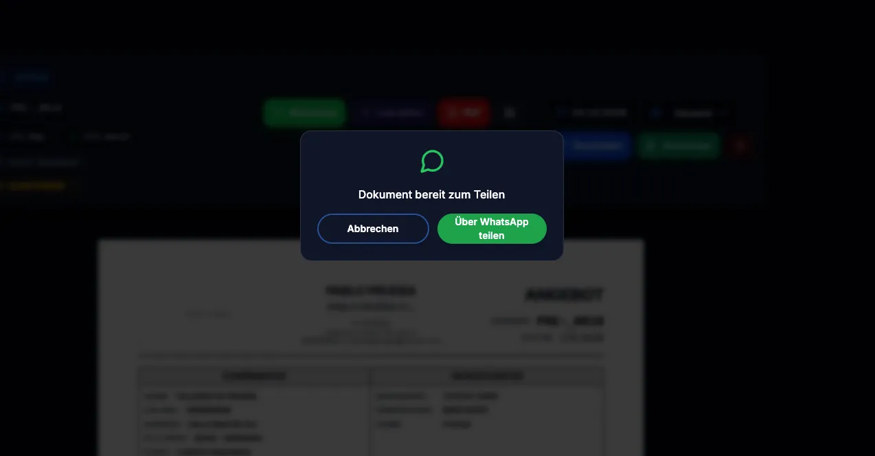 Fenster in PDR Nexus zum Teilen eines Angebots-PDFs per WhatsApp