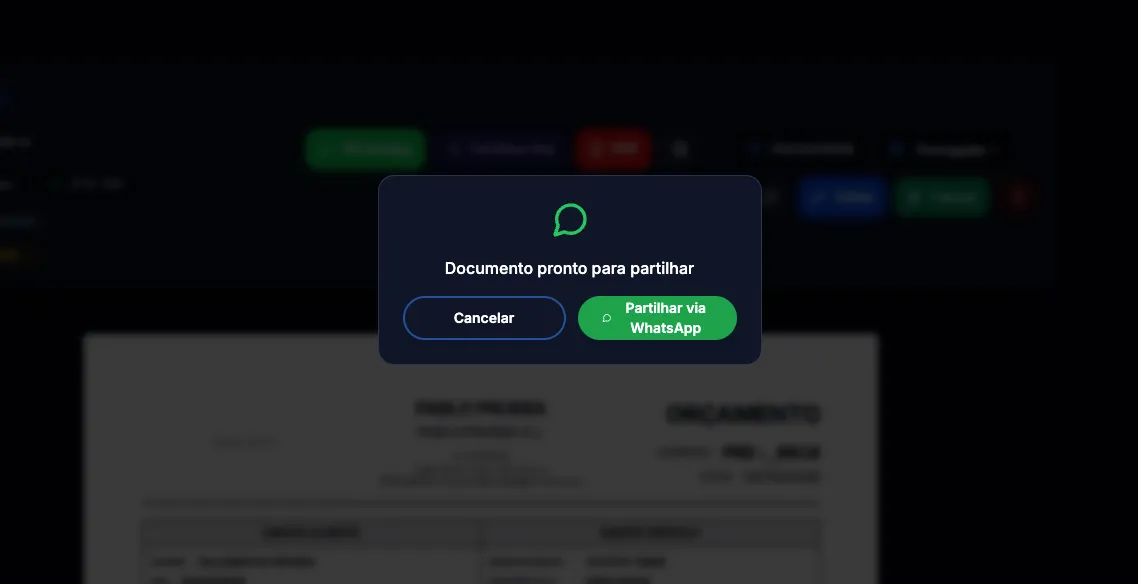 Janela do PDR Nexus para partilhar por WhatsApp o PDF de um orçamento