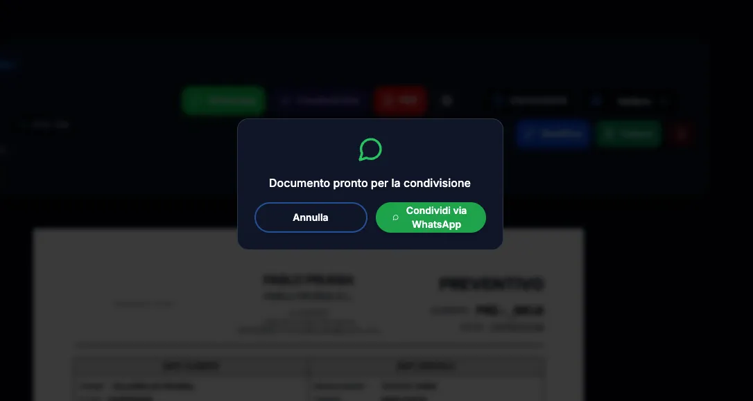 Finestra di PDR Nexus per condividere tramite WhatsApp il PDF di un preventivo
