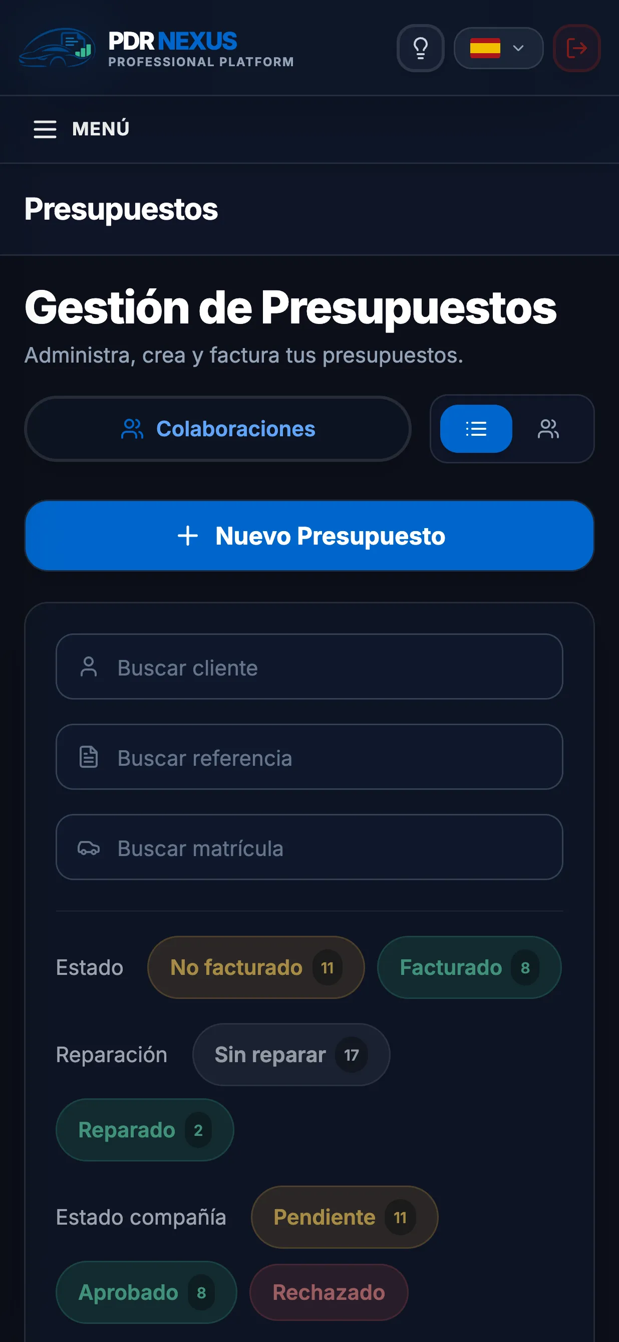 Listado de presupuestos en la app móvil de PDR Nexus con filtros por estado