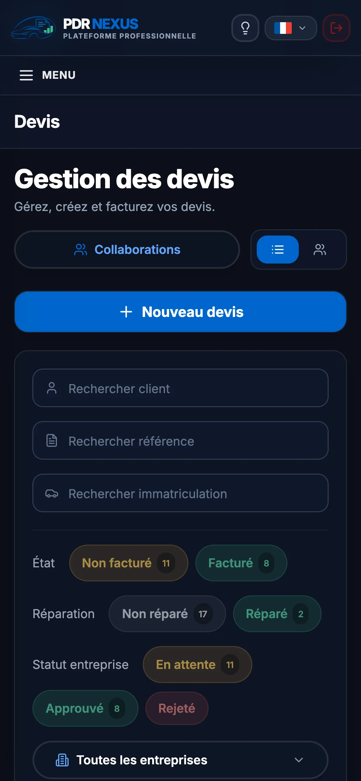 Liste des devis dans l’application mobile PDR Nexus avec des filtres par statut