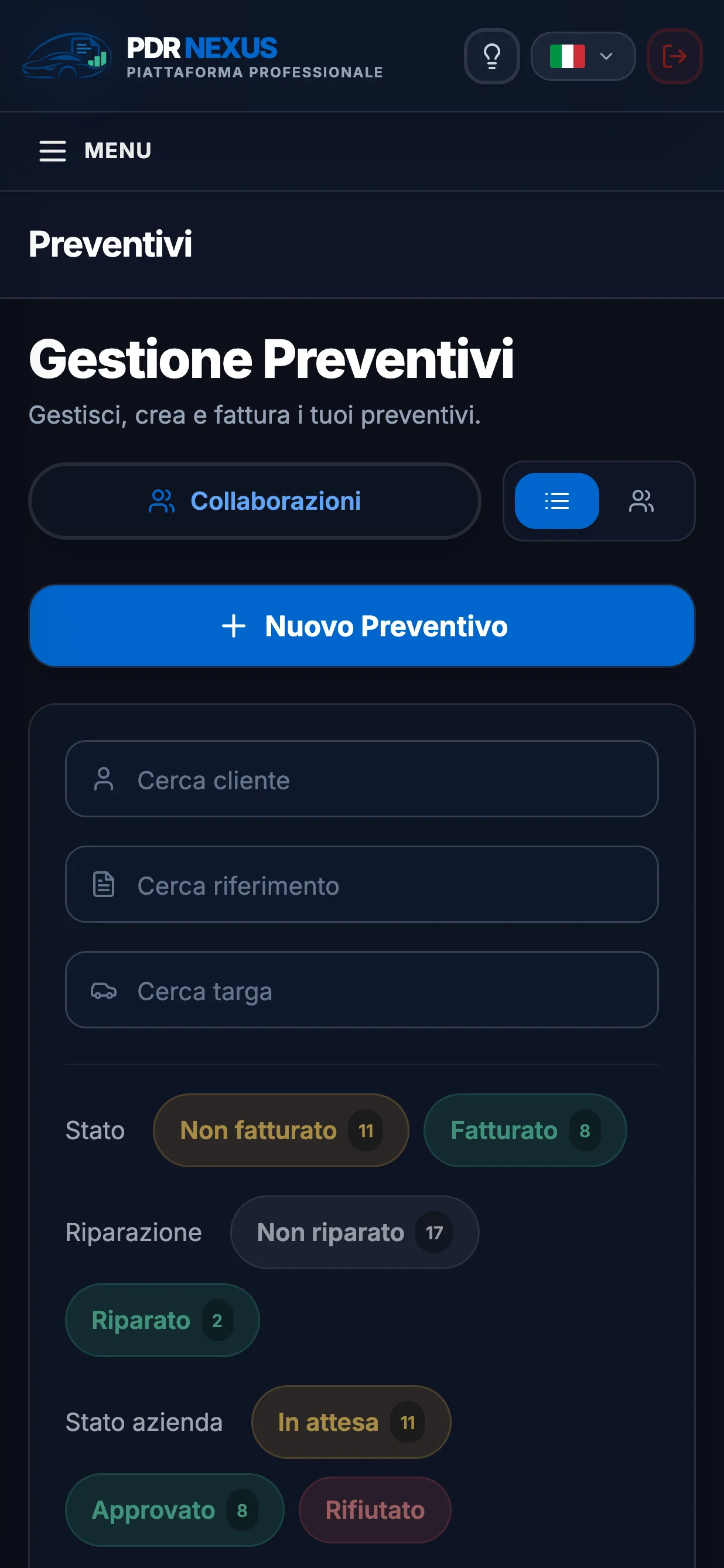 Elenco dei preventivi nell’app mobile di PDR Nexus con filtri per stato