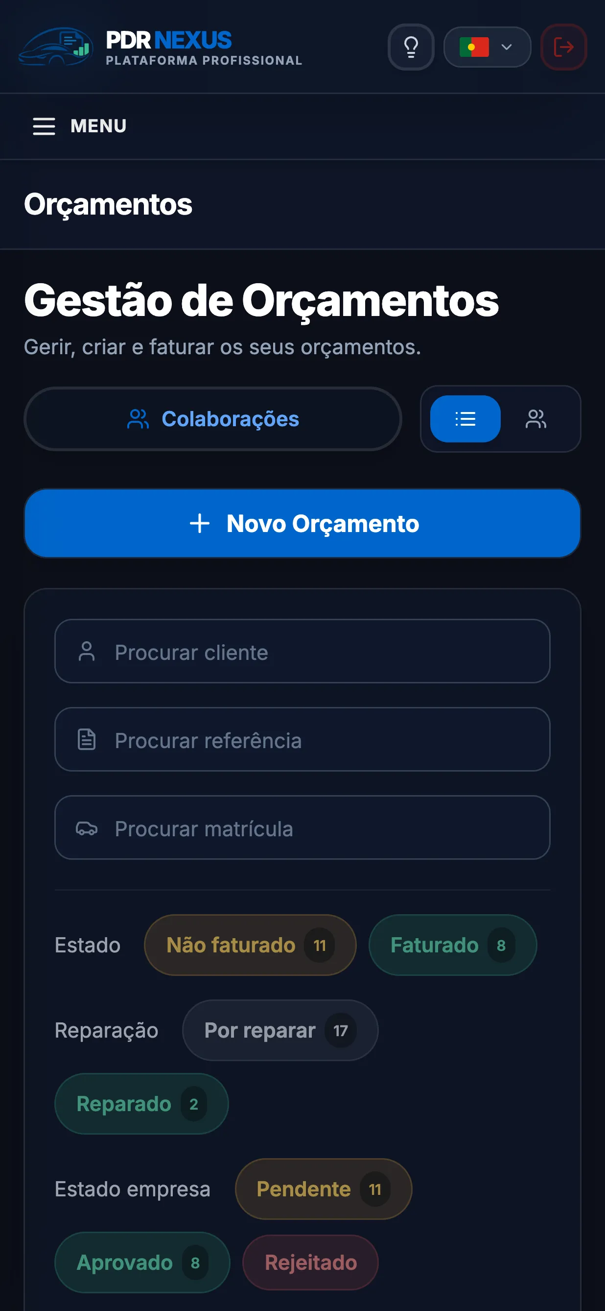 Lista de orçamentos na app móvel do PDR Nexus com filtros por estado