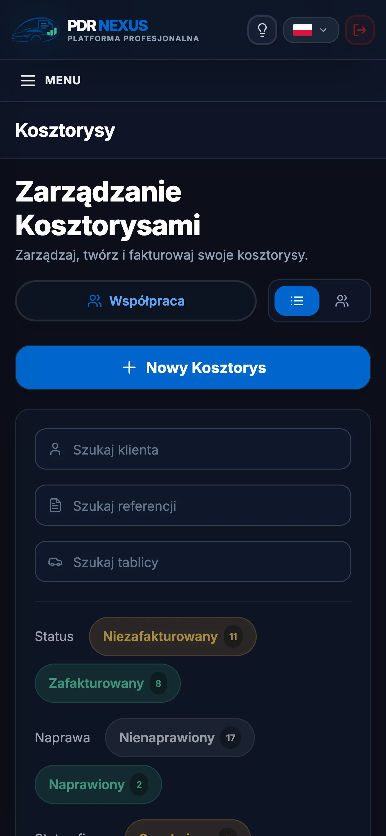 Lista kosztorysów w aplikacji mobilnej PDR Nexus z filtrami według statusu