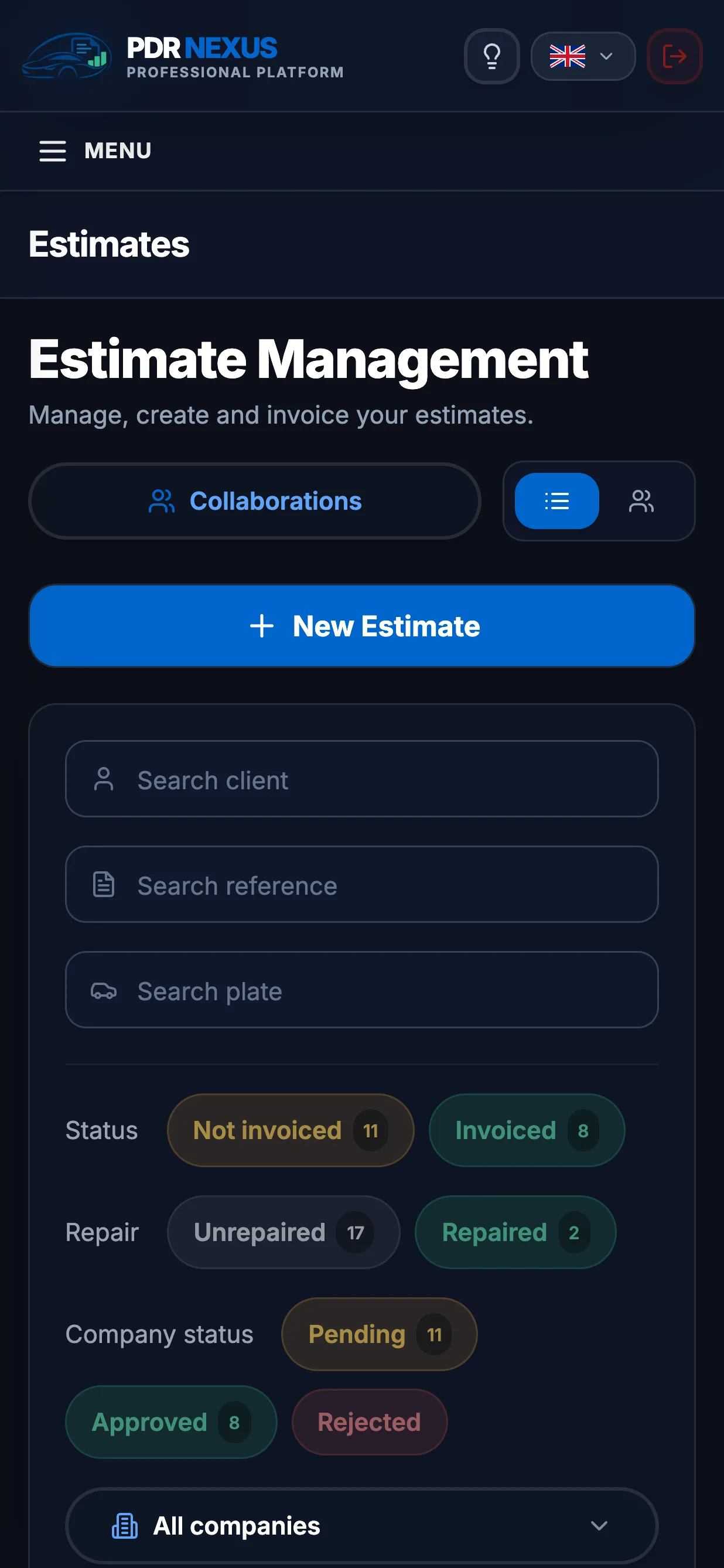 List of estimates in the PDR Nexus mobile app with status filters