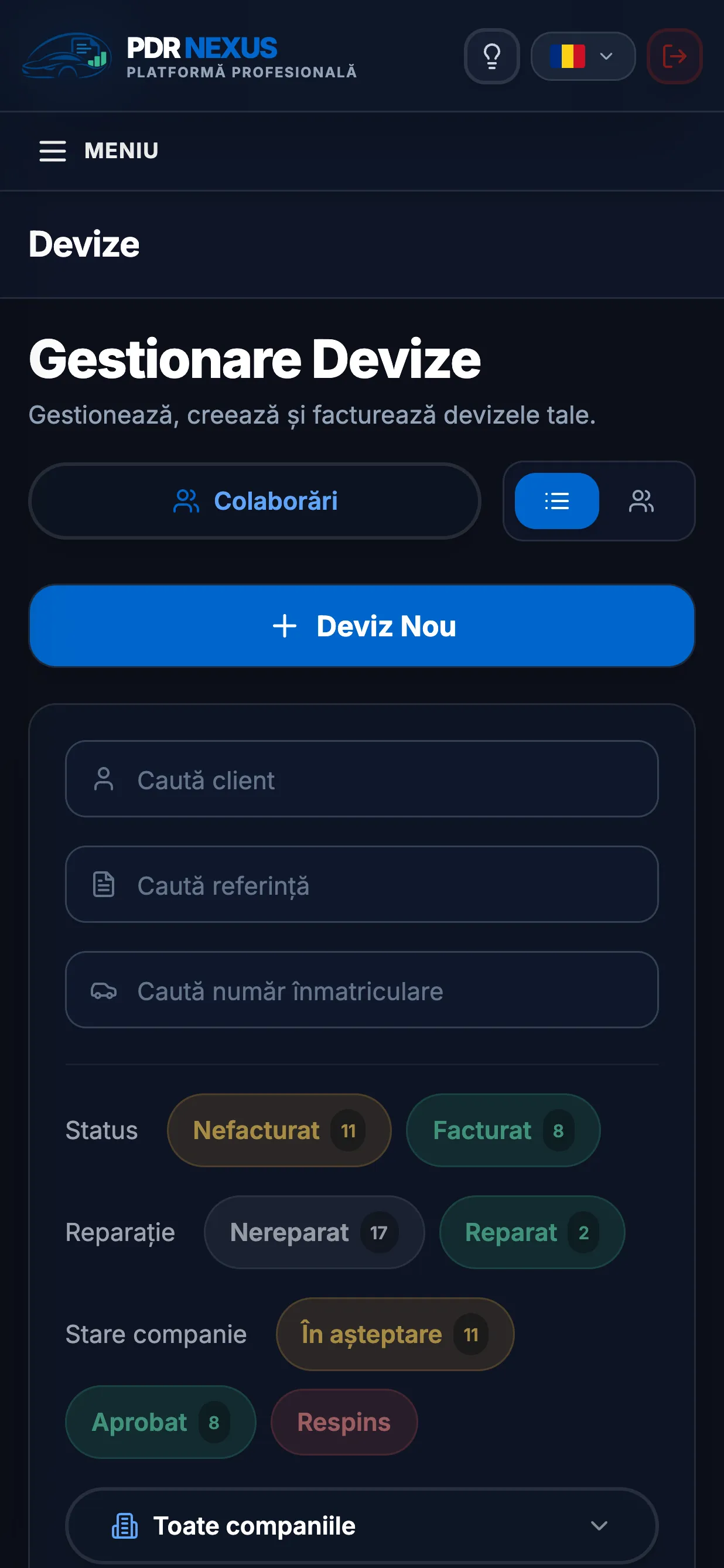 Lista devizelor în aplicația mobilă PDR Nexus, cu filtre după stare