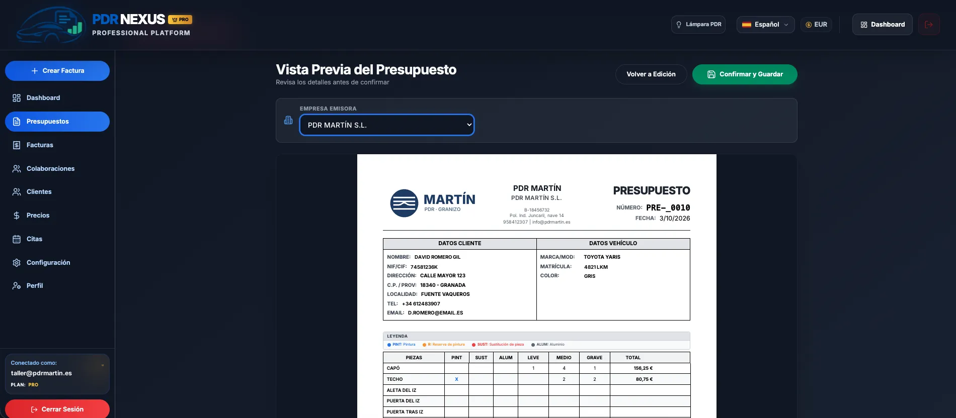 Vista previa del PDF de un presupuesto con la cabecera personalizada del taller: logo, nombre y datos fiscales