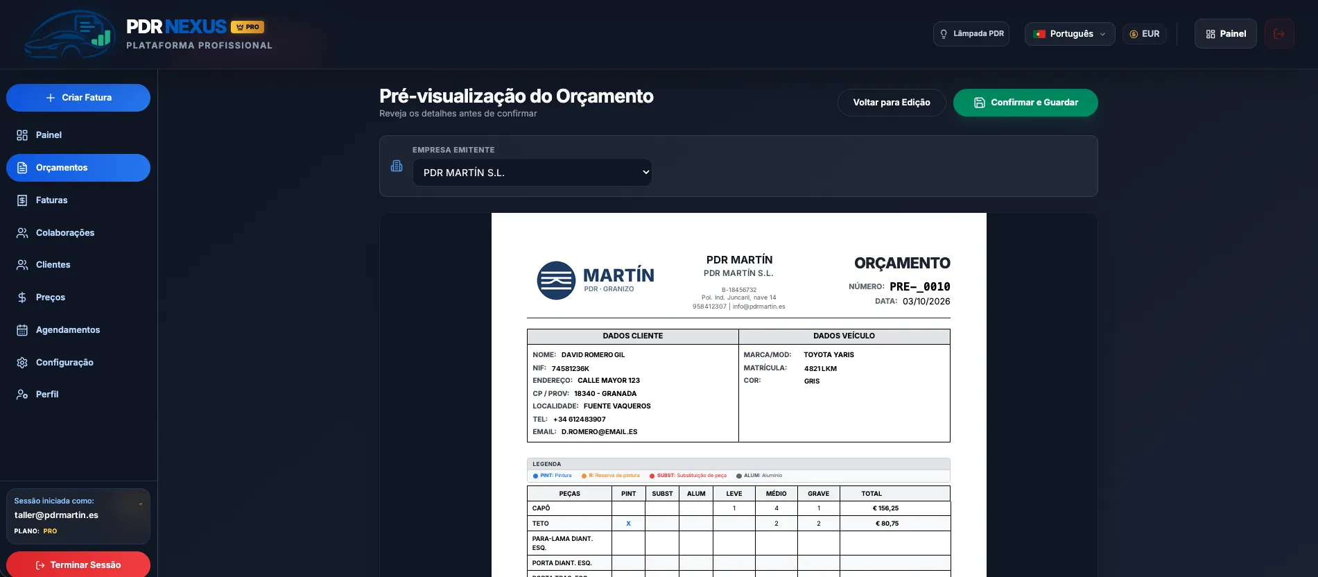 Pré-visualização do PDF de um orçamento com o cabeçalho personalizado da oficina: logótipo, nome e dados fiscais