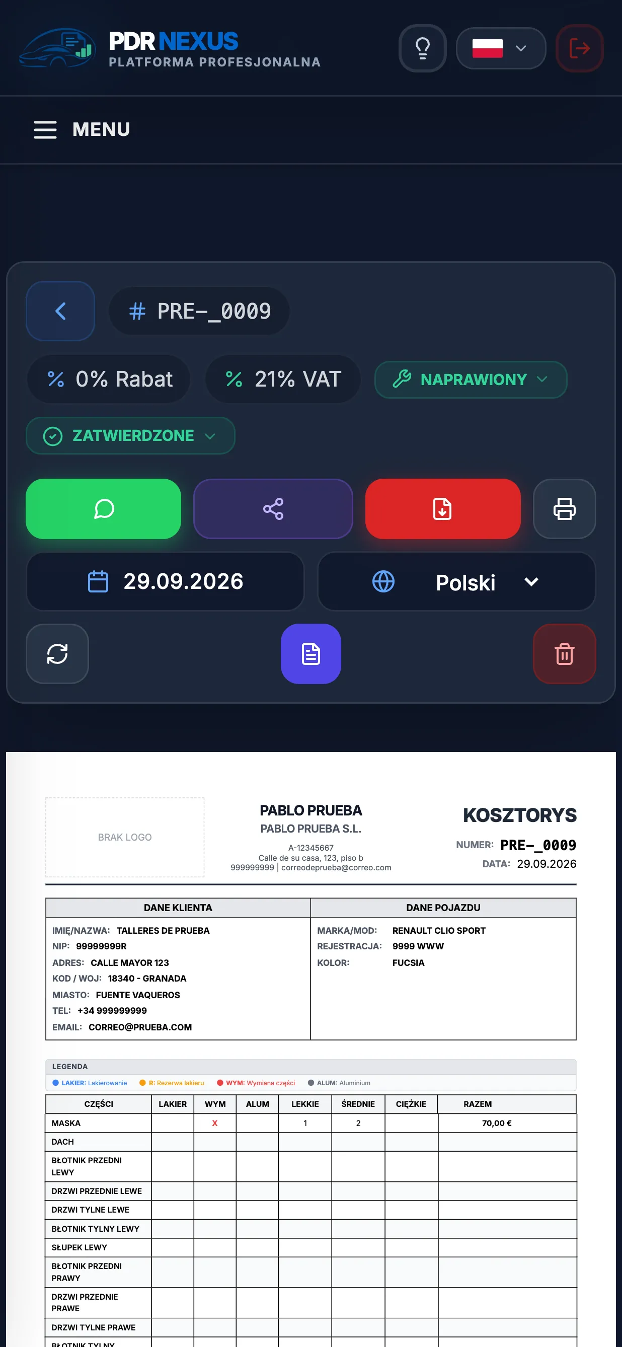 Otwarty kosztorys gradowy w aplikacji mobilnej PDR Nexus z przyciskami WhatsApp i PDF