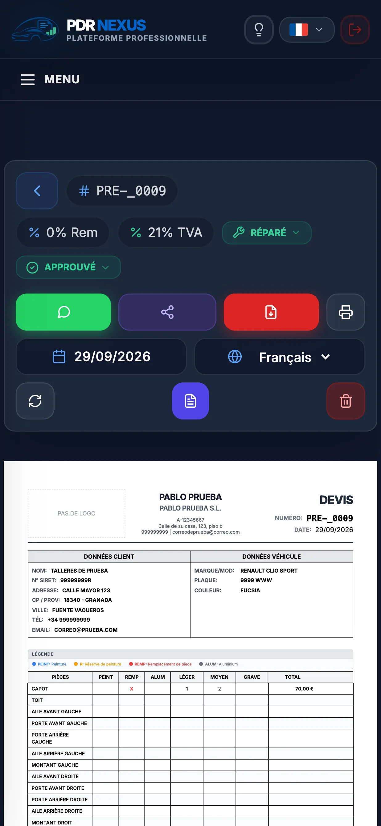 Devis grêle ouvert dans l’application mobile PDR Nexus avec les boutons WhatsApp et PDF