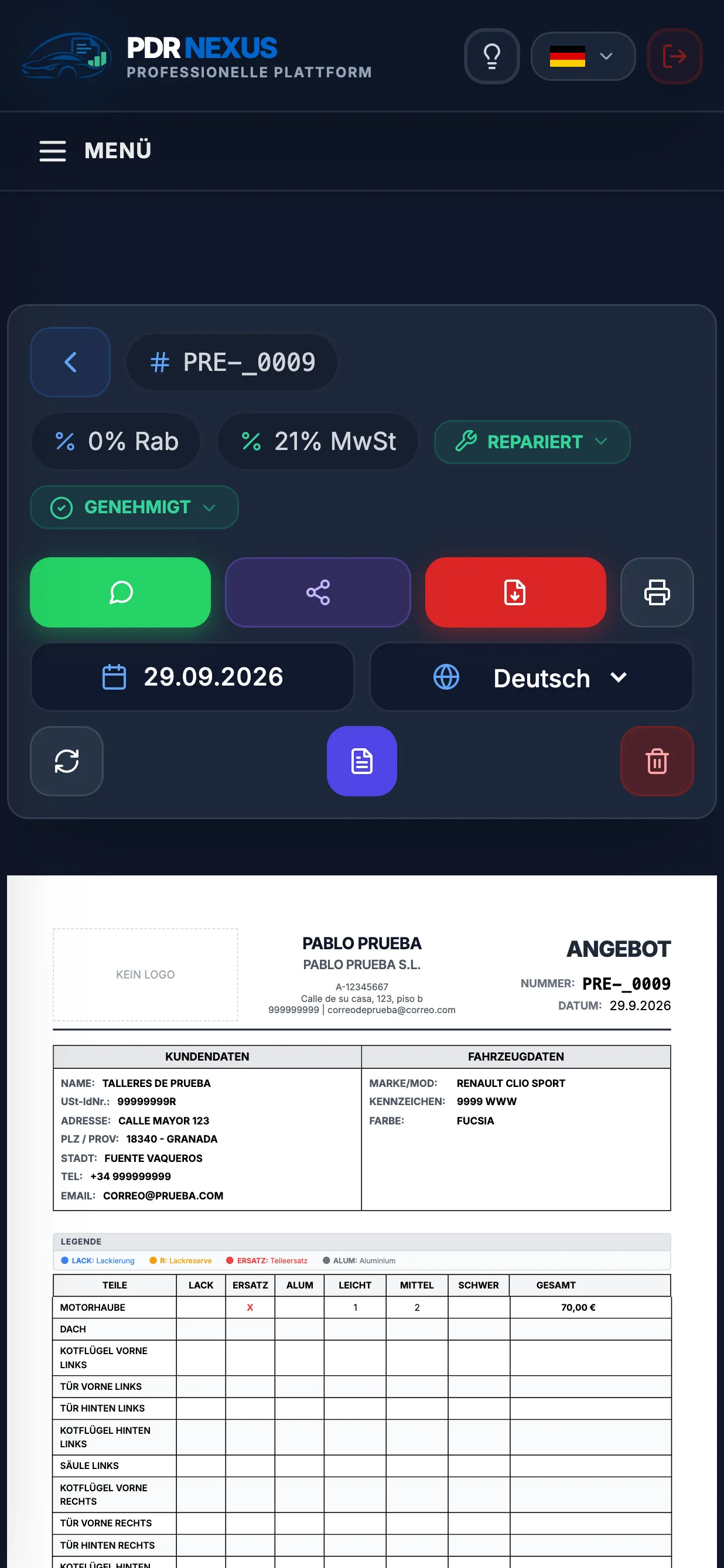 Geöffnetes Hagelangebot in der mobilen App von PDR Nexus mit den Schaltflächen für WhatsApp und PDF